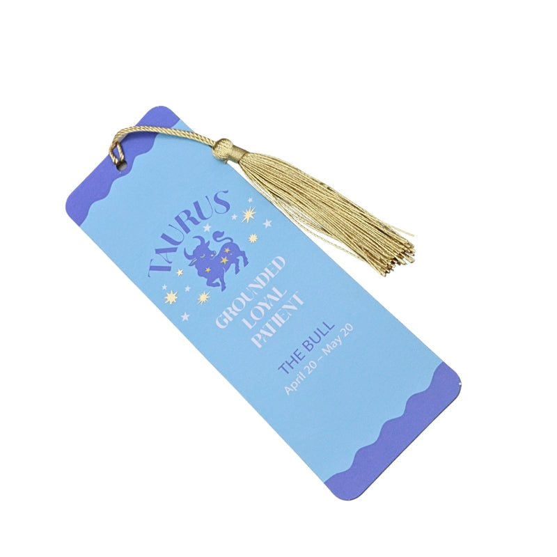 blue and dark blue bookmark with gold tassel and white and blue writing, on a white background