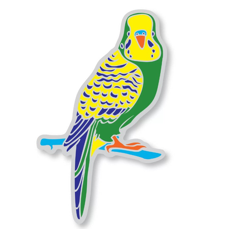 colourful window sticker of a green budgerigar