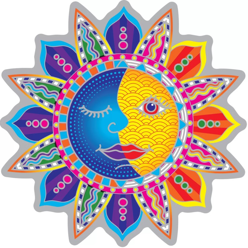 colourful window sticker of a sun and moon
