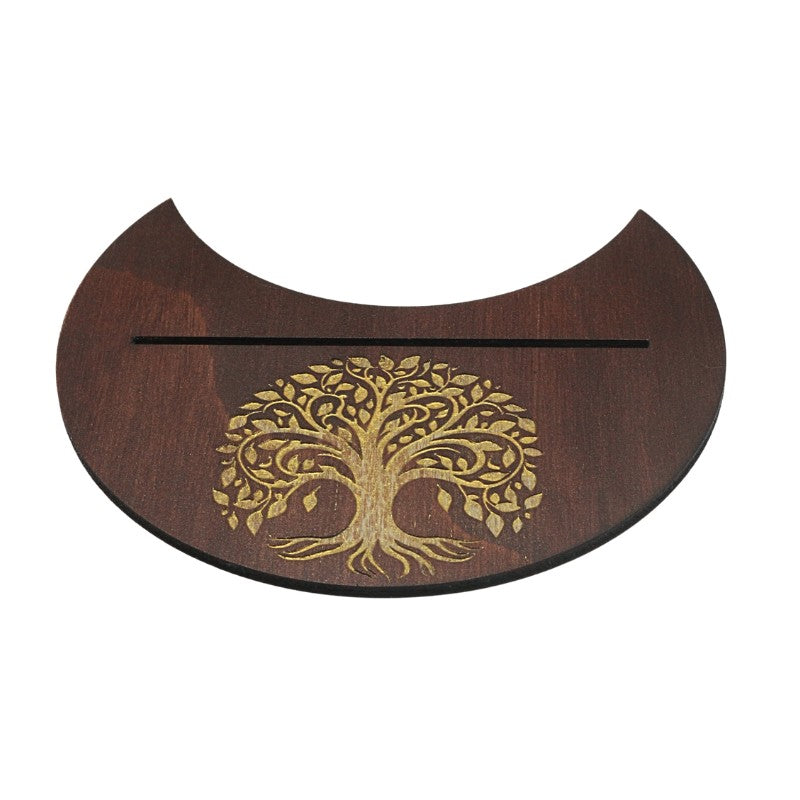 Wooden tarot card holder with gold tree of life design on a white background