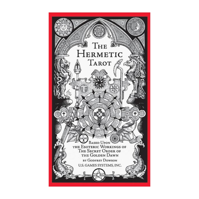 The Hermetic Tarot card deck box cover by George Dawson, featuring an ornate black and white illustration with a red border on a white background.