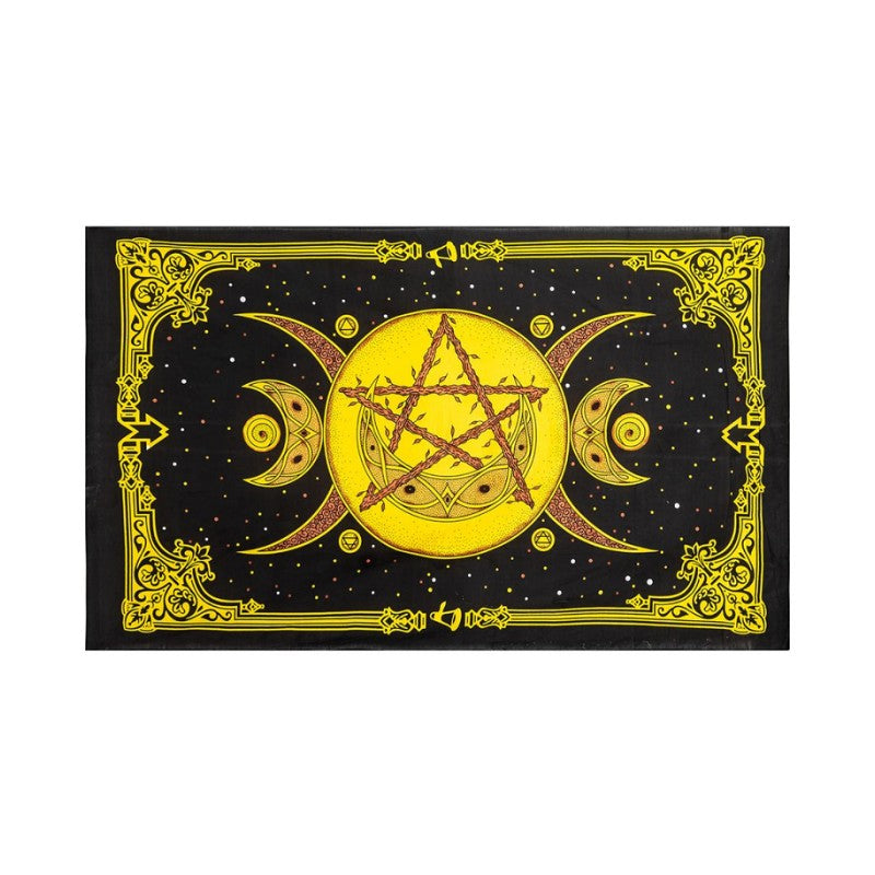 Decorative wall hanging with a central pentagram design flanked by two moons, framed by intricate gold patterns on a black background.