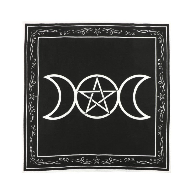 Black square cloth with white pentagram and moon symbols on a white background