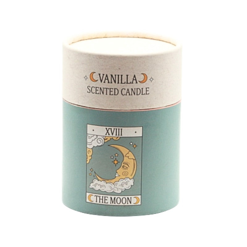 Vanilla scented candle with 'The Moon' design on a white background