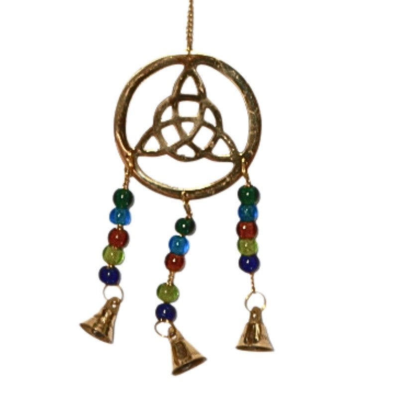 string of brass bells with triquetra symbol and coloured beads
