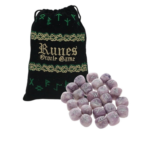 velvet rune pouch with lepidolite runes laid out in front