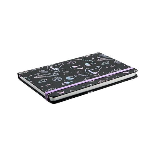 Notebook with witches hat and crystal pattern on a white background
