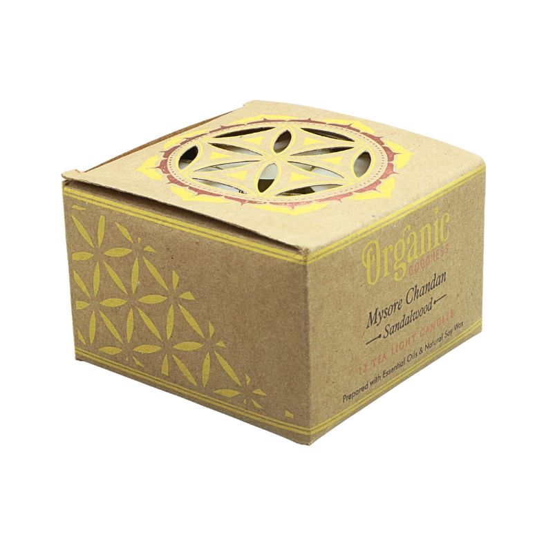 cardboard packaging box of candles with the words "Organic Mysore Chandan Sandalwood" with a flower cut out design on the top of the box