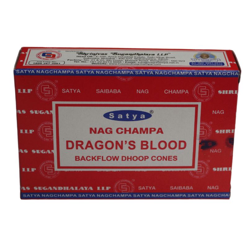 red box of incense cones with blue borders and a white label on the front with a red border, blue and white ellipse Satya trademark logo on the front with product name written in red