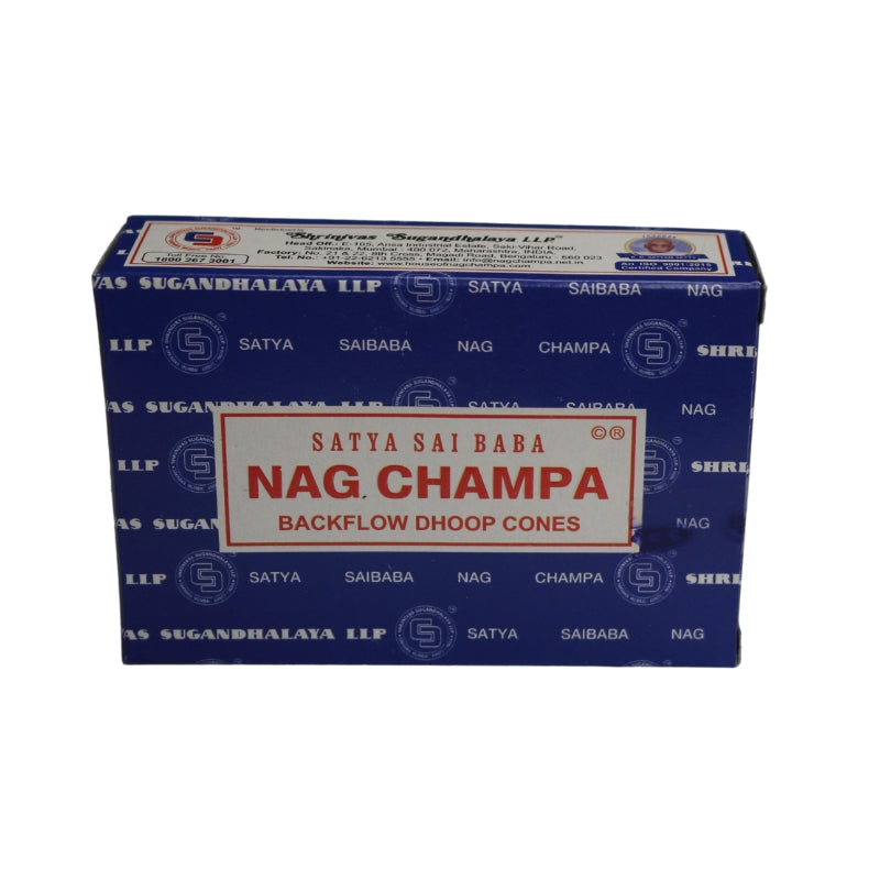 blue box of incense cones with blue borders and a white label on the front with a red border, blue and white ellipse Satya trademark logo on the front with product name written in red