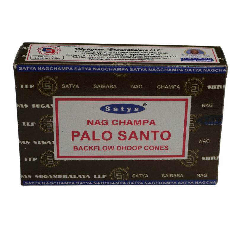 brown box of incense cones with blue borders and a white label on the front with a red border, blue and white ellipse Satya trademark logo on the front with product name written in red