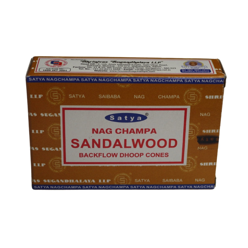 light brown box of incense cones with blue borders and a white label on the front with a red border, blue and white ellipse Satya trademark logo on the front with product name written in red