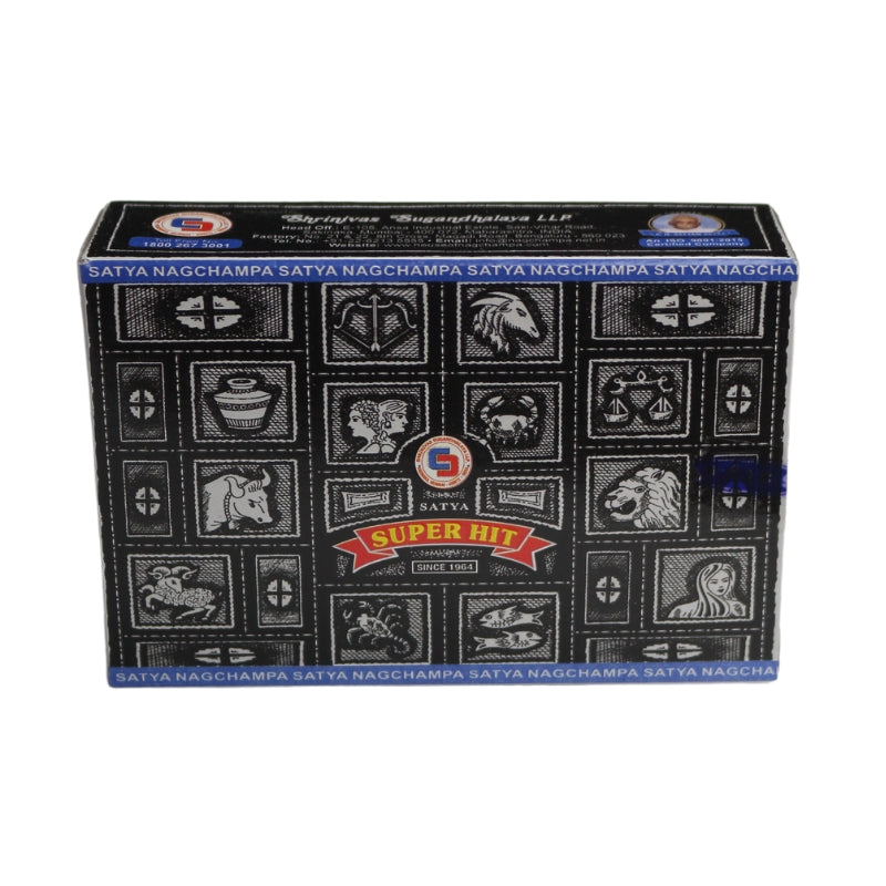 black box of incense cones with blue borders and a white label on the front with a red border, blue and white ellipse Satya trademark logo on the front with product name written in red