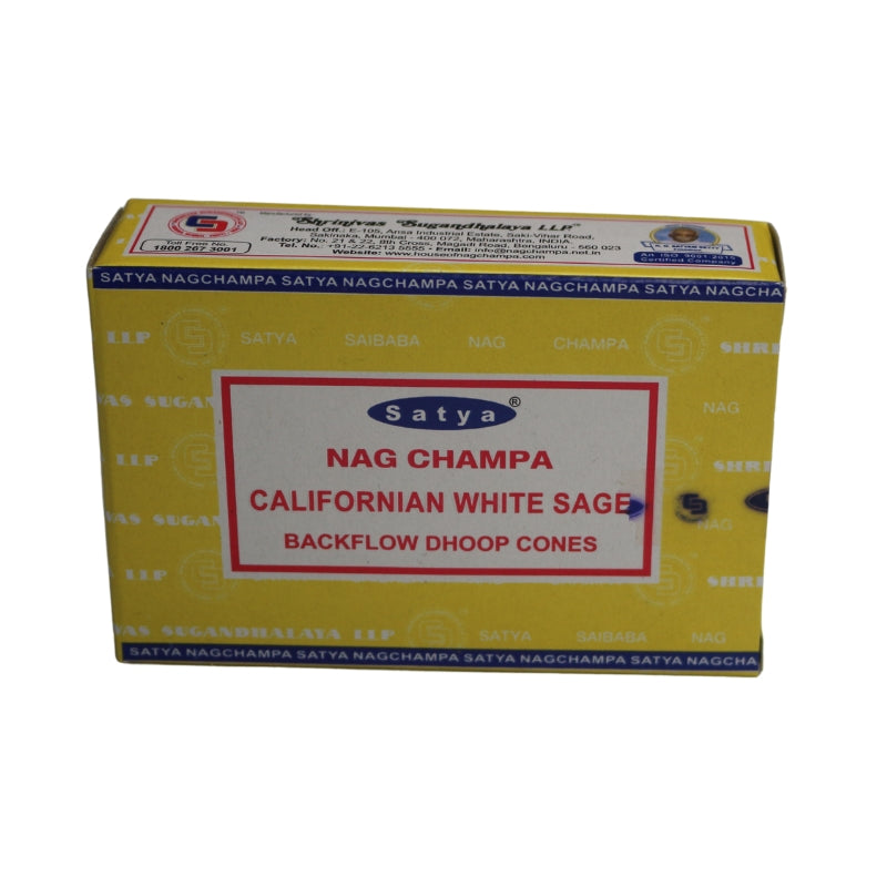 yellow box of incense cones with blue borders and a white label on the front with a red border, blue and white ellipse Satya trademark logo on the front with product name written in red