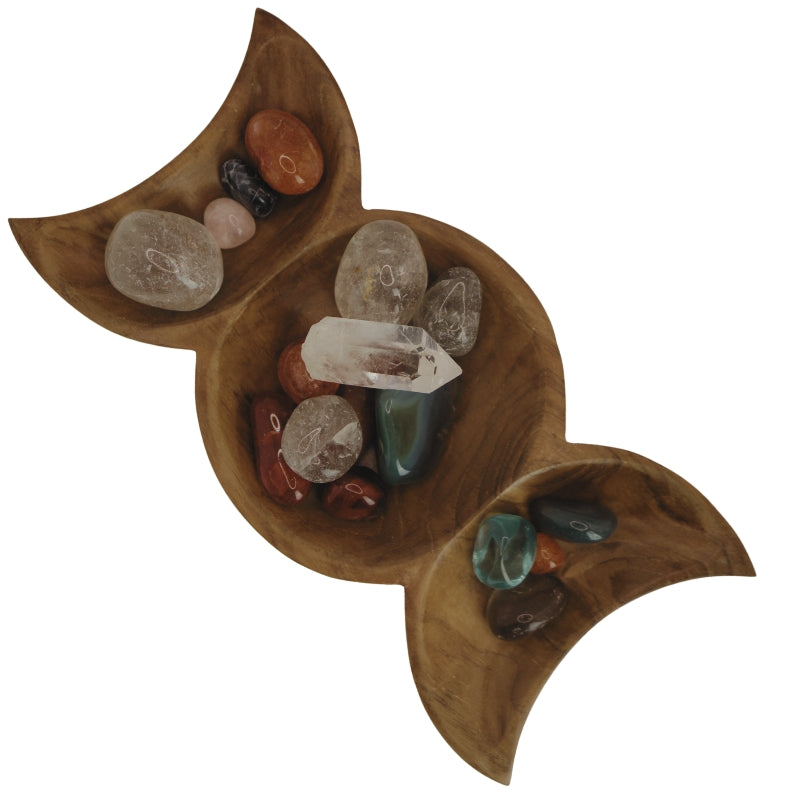 Teak Carved Triple Moon Wooden Bowl- Offering Bowl- Altar Bowl