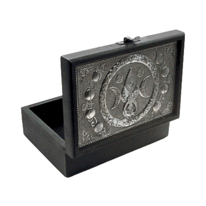Black jewelry box with silver goddess emblem on a white background