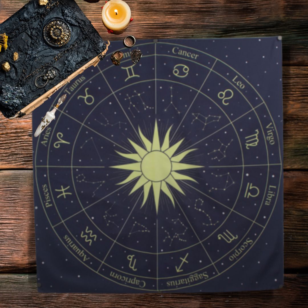 Blue Tarot Cloth/ Altar Cloth/ Wheel of the Zodiac Astrology Wall Hanging
