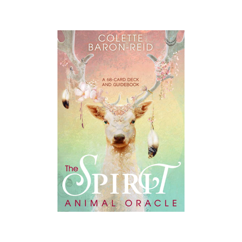 front cover of the spirit animal oracle box featuring a white deer with flowers and feathers hanging off its antlers