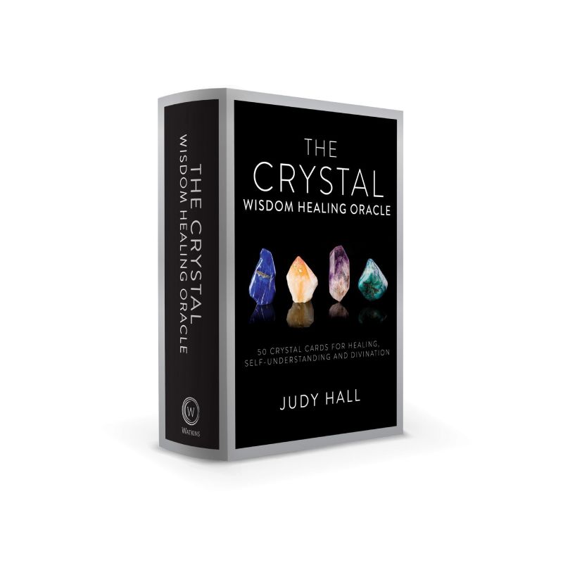 box for the crystal wisdom healing oracle- black with silver border picturing 4 crystals in the centre of the box- lapis lazuli, citrine, amethyst and malachite