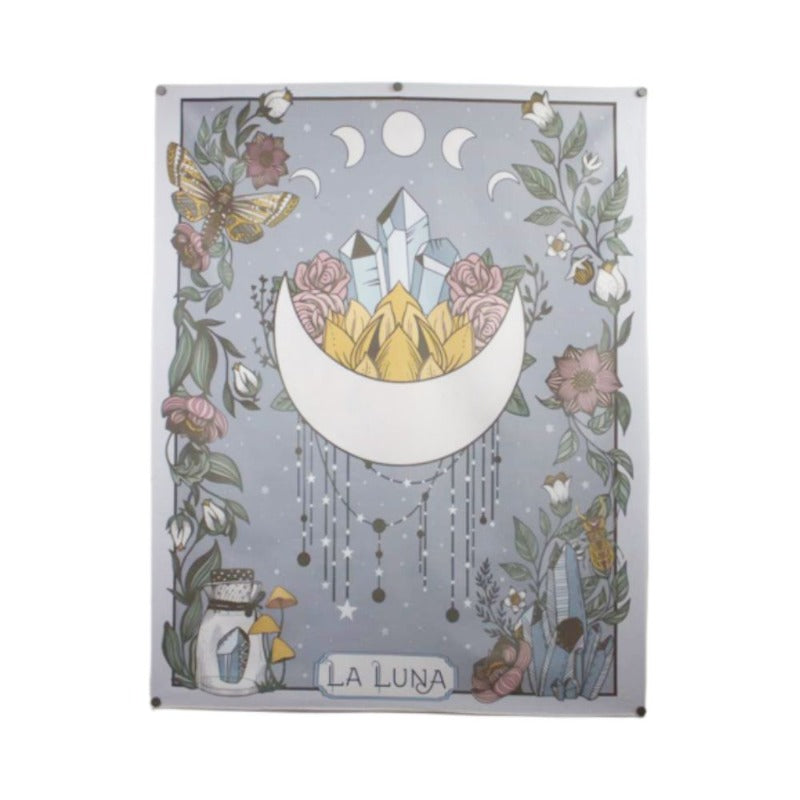 wall hanging of a crescent moon with points facing upwards, crystals and flowers inside the space between the points. The rectangular tapestry is bordered with vines, flowers and crystals.