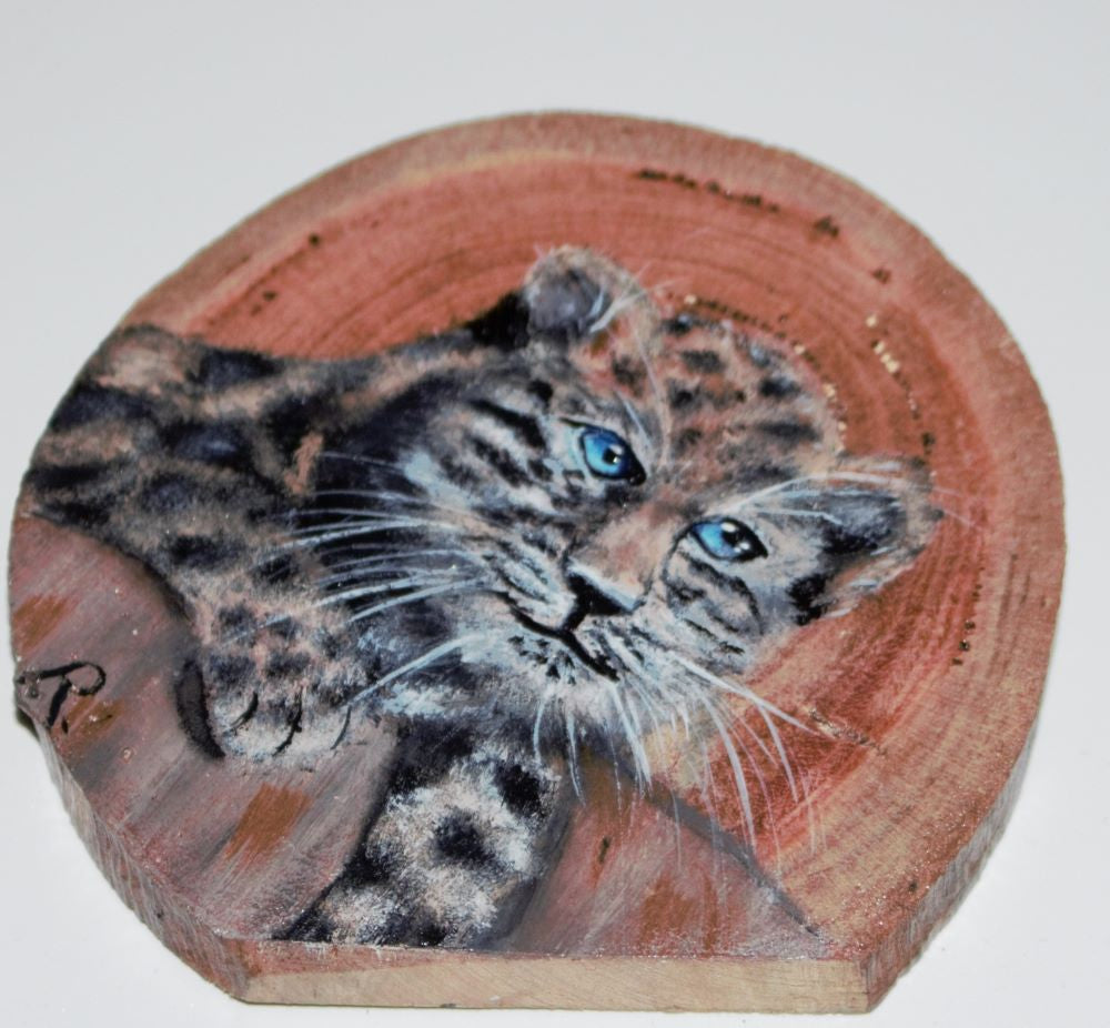 Hand Painted Wooden Ornament -Leopard Cub Wood Round -Home Décor