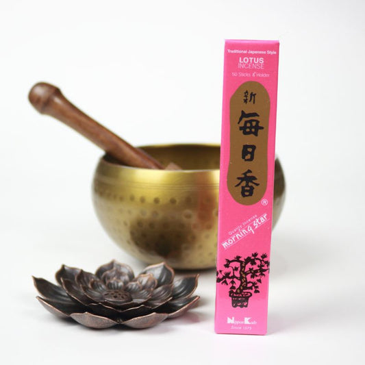 rectangle box of japanese morning star "Lotus" incense sticks next to a lotus incense holder