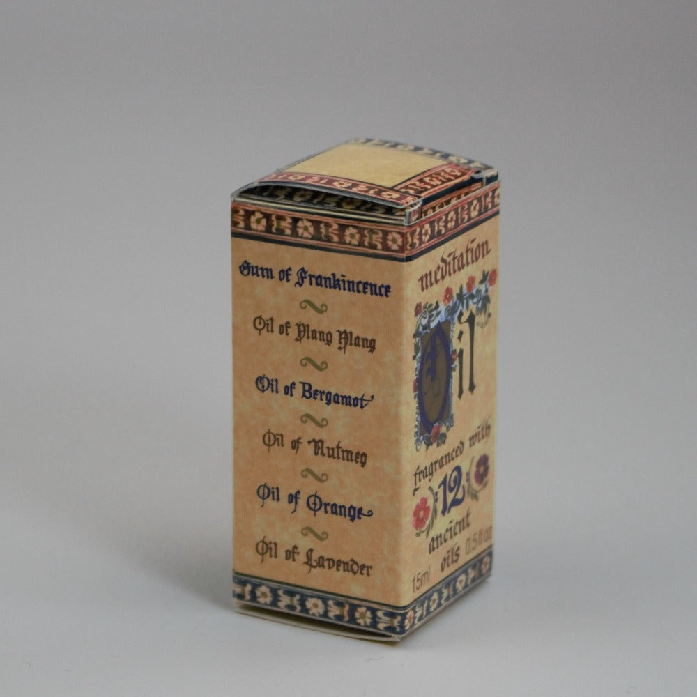 meditation fragrance oil packaging box, turned on an angle so that the side packaging is shown, on a white background