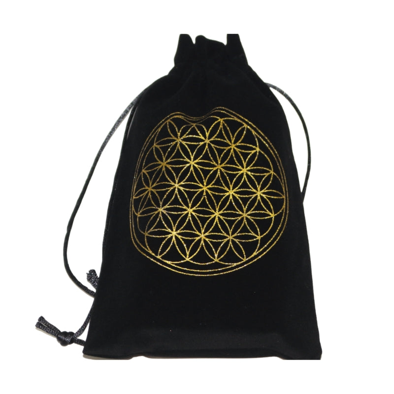 black tarot bag with gold flower of life print- sold by cygnet studio