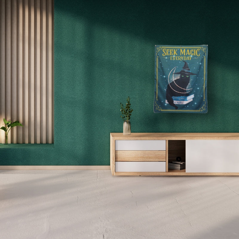 Black Magic  Cat wearing Witches Hat Tapestry- Magical Wiccan Wall Hanging