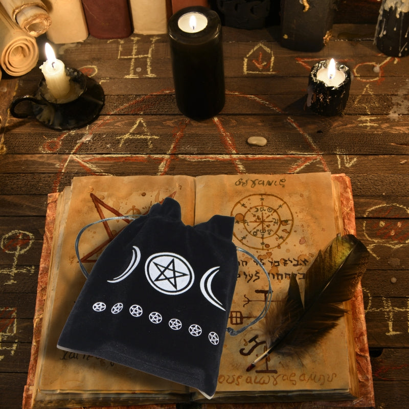 black tarot bag with white triple moon goddess print- sold by cygnet studio