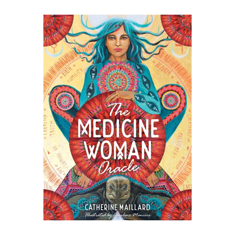 deck cover of 'The Medicine Woman Oracle' with a colorful illustration of a woman with blue hair.