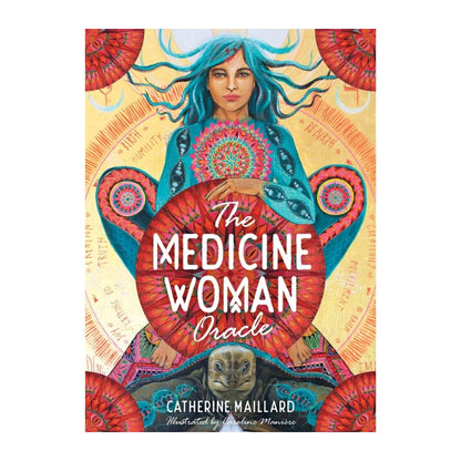 deck cover of 'The Medicine Woman Oracle' with a colorful illustration of a woman with blue hair.