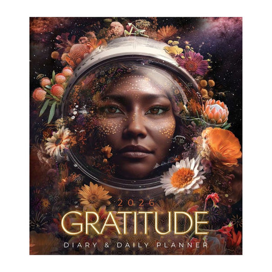 2026 Gratitude diary cover with a woman's face surrounded by flowers and celestial elements.