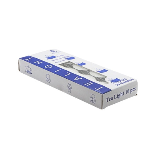 Box of tea light candles with blue and white design on a white background