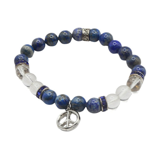 Bracelet with blue beads and a peace symbol charm on a white background