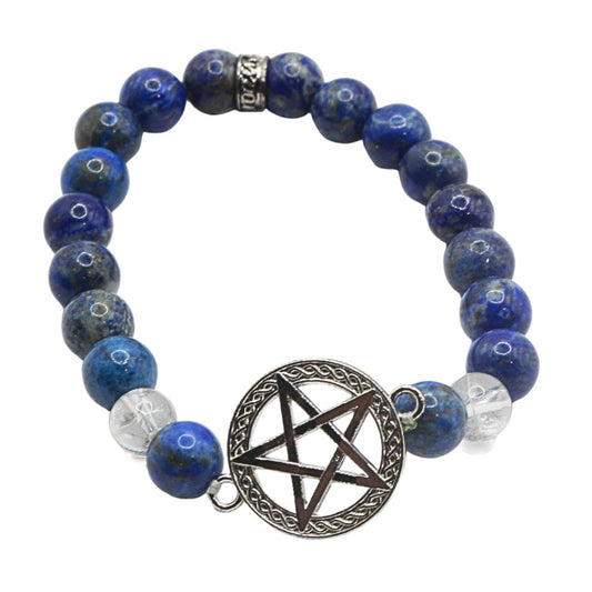 Blue beaded bracelet with a silver pentagram charm on a white background