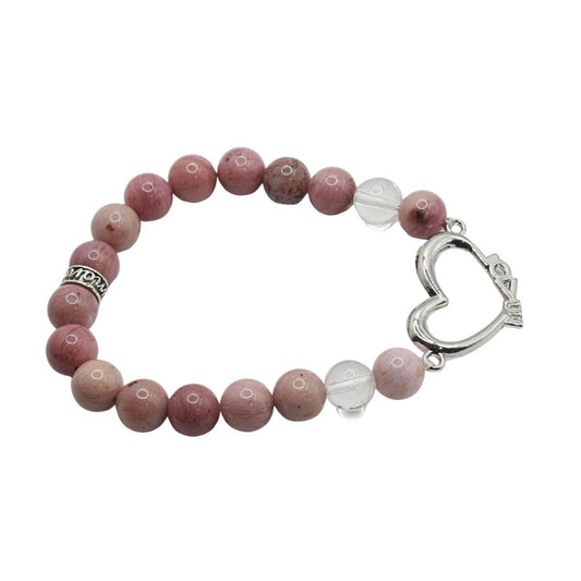 Bracelet with pink beads and a heart-shaped clasp on a white background