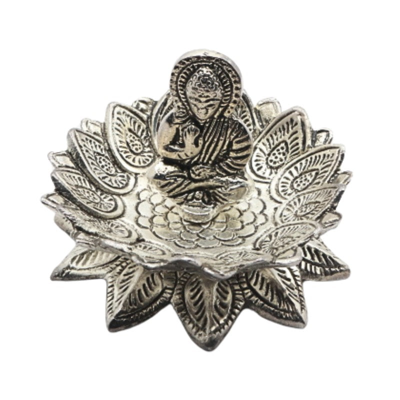 lotus shaped   aluminium incense burner with a buddha in the centre