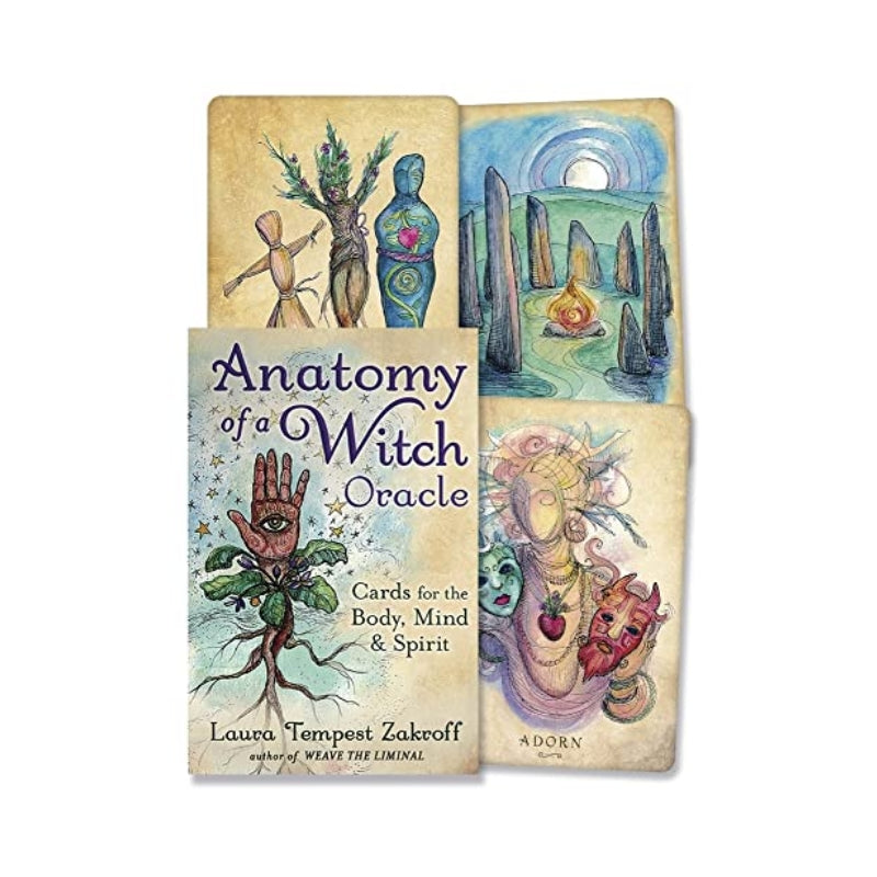 Anatomy of a witch oracle card deck showing 3 cards and the box on a white background