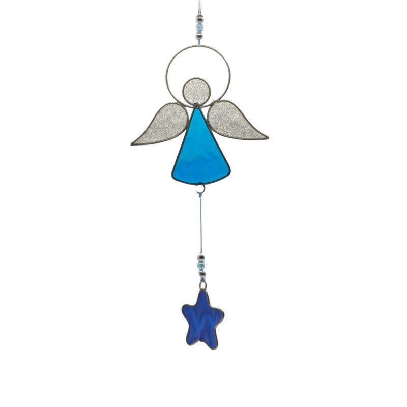 Blue and silver hanging suncatcher in the shape of an angel