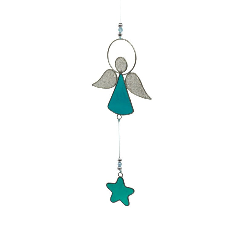 teal and silver coloured hanging suncatcher in the shape of an angel