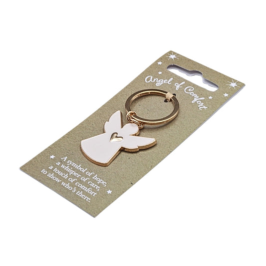 white and gold angel keychain on a tan coloured card with a quote and "angel of comfort" wording, on a white background