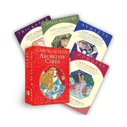 Caroline Myss Archetype Cards in a red box with four illustrated cards labelled Trickster, Child: Nature, Athlete and Goddess.


