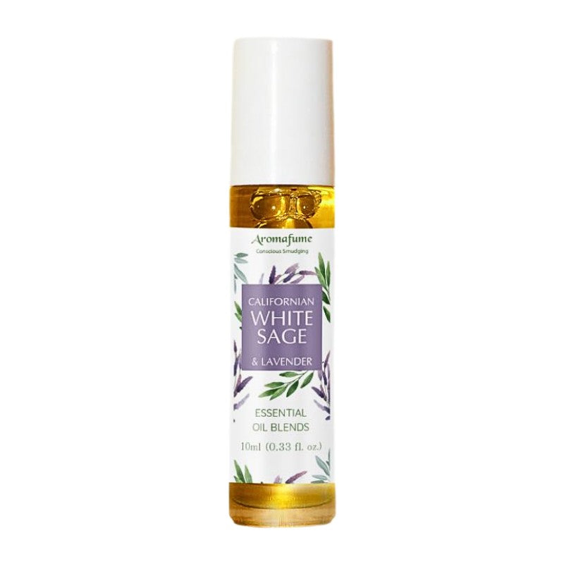 glass bottle containing oil with a white, purple and green floral  label