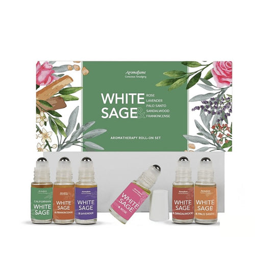 white and green packaging with 6 bottles of aromatherapy oil in front