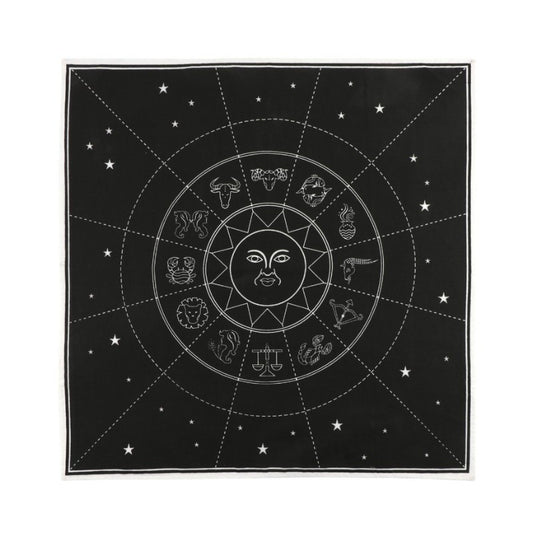 Black square mat with star patterns and zodiac symbols on a white background