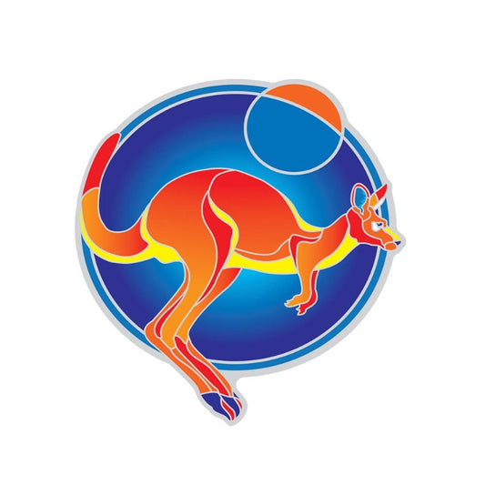 Colorful kangaroo logo on a blue background