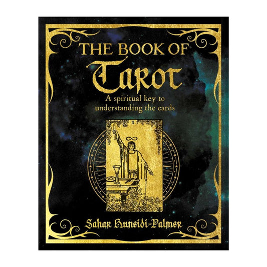 Book cover of 'The Book of Tarot' with gold text and design on a dark background