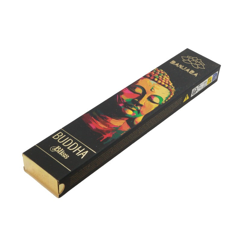 Box of Buddha incense sticks with colorful design on a white background