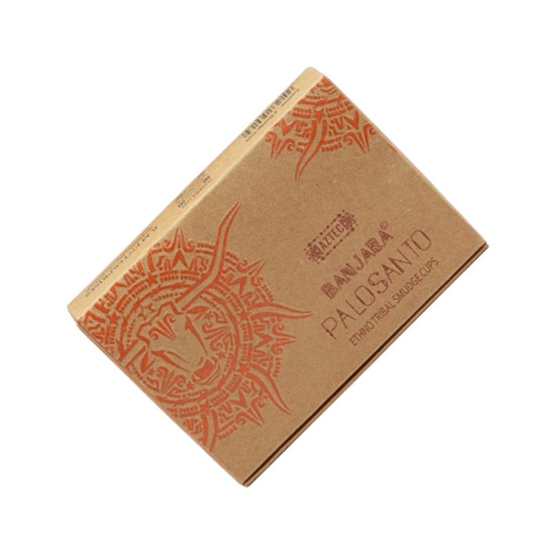 Brown packaging of Banjara Palo Santo with decorative design on a white background